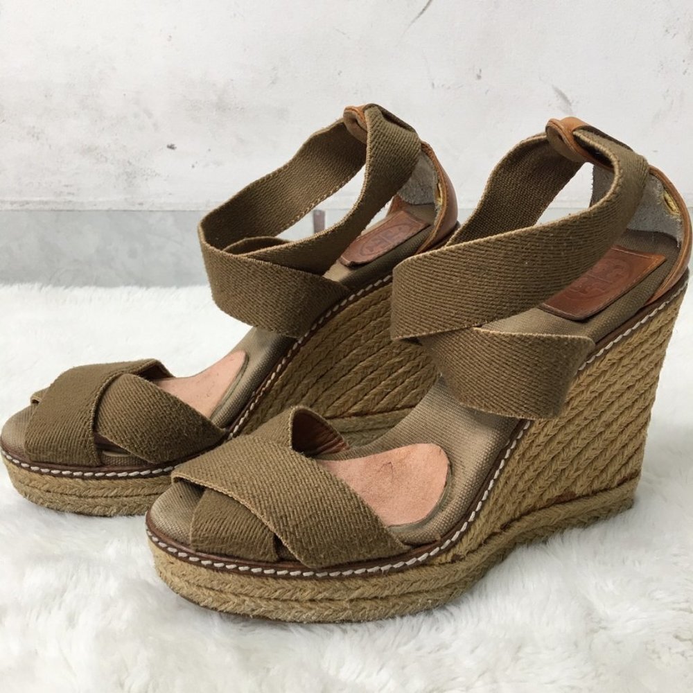 Tory Burch Women's Canvas Brown Espadrille Wedges Heels Size 7